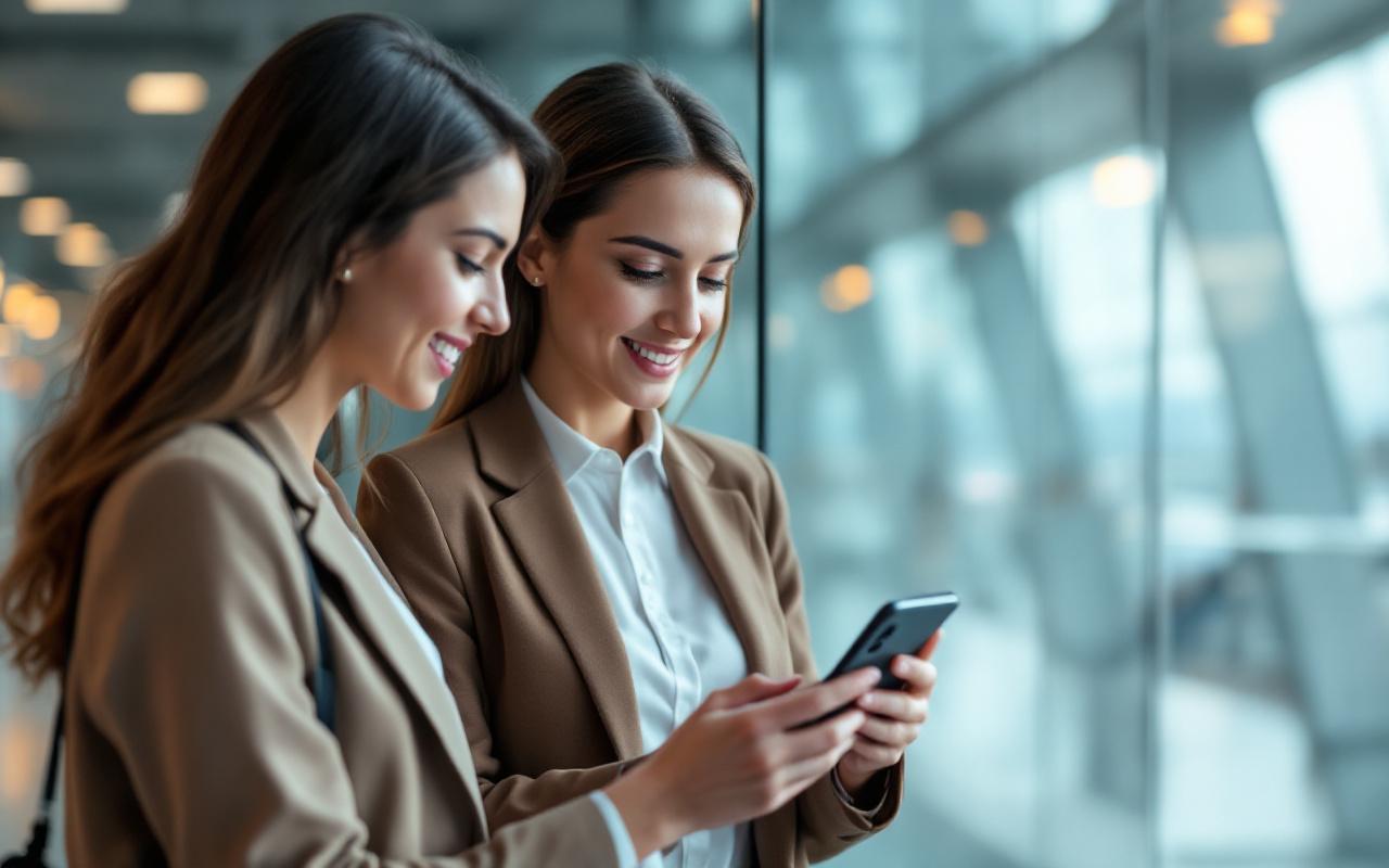 Une recruteuse et une candidate discutent autour d’un smartphone pour une application d’assurance voyage dans un aéroport international, ambiance professionnelle moderne, lumière douce et vue nette.