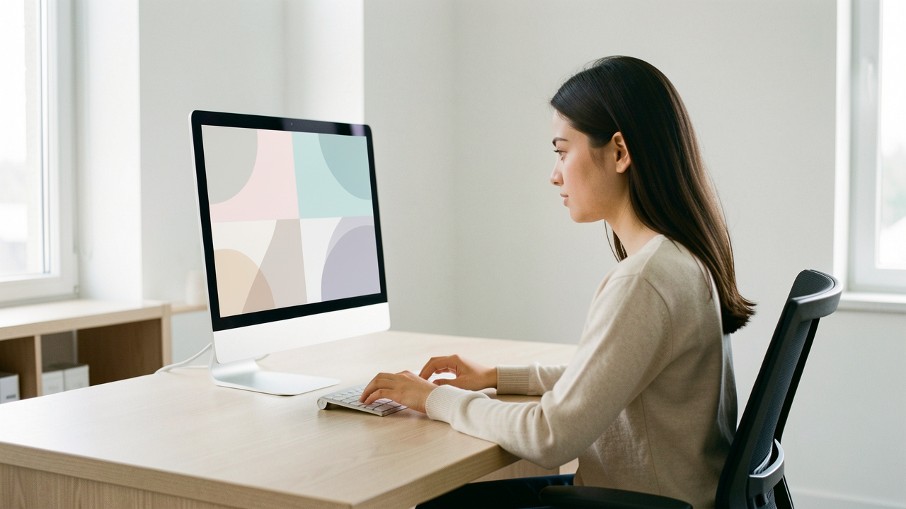 Une jeune femme consulte son ordinateur dans un bureau lumineux, sobre et ordonné.