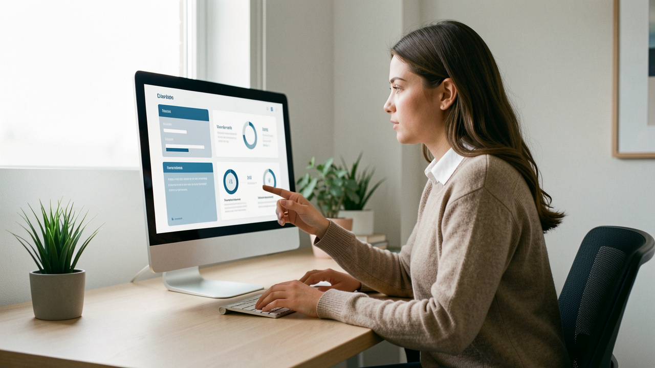 Jeune femme consultant un ordinateur affichant des indicateurs visuels abstraits sur le climat social et la fidélisation des employés, dans un bureau moderne.
