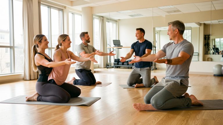Deux femmes et deux hommes participent à un atelier de stretching doux dans un gymnase lumineux, accompagnés par un animateur bienveillant.