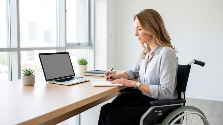 Femme en fauteuil roulant préparant un entretien d’embauche dans un bureau lumineux, avec un ordinateur portable et un carnet de notes.