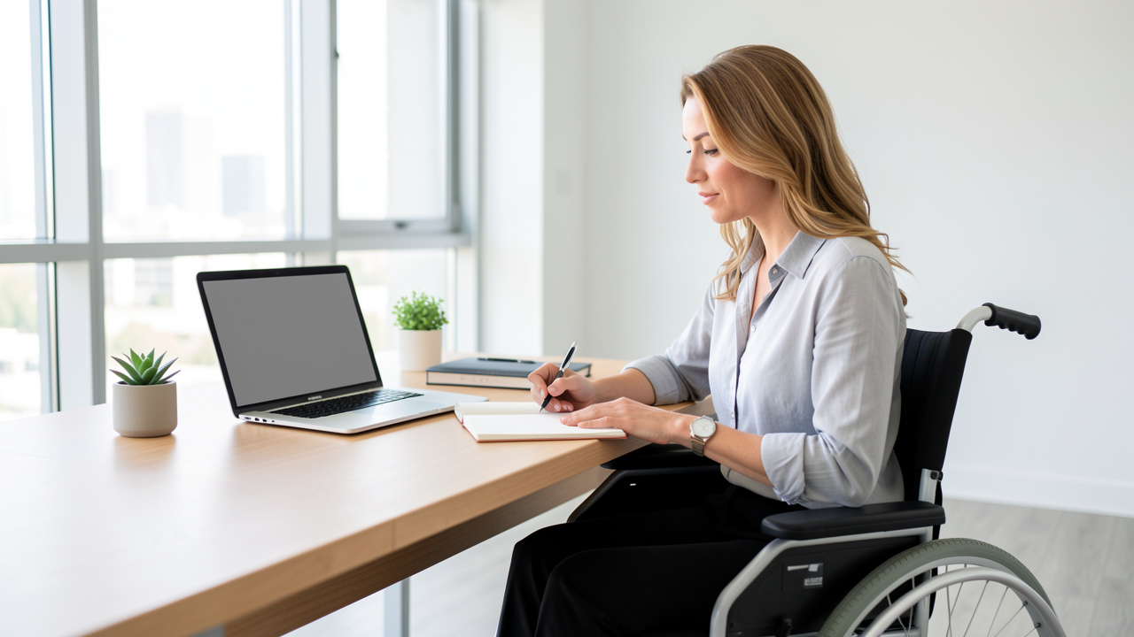 Femme en fauteuil roulant préparant un entretien d’embauche dans un bureau lumineux, avec un ordinateur portable et un carnet de notes.