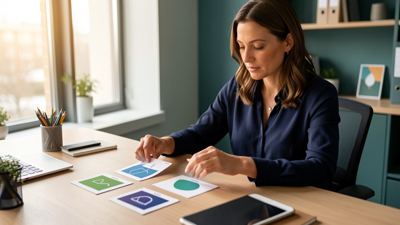 Consultante indépendante travaillant à son bureau avec quatre supports visuels abstraits comparant différents statuts professionnels, dans un environnement corporate réaliste.