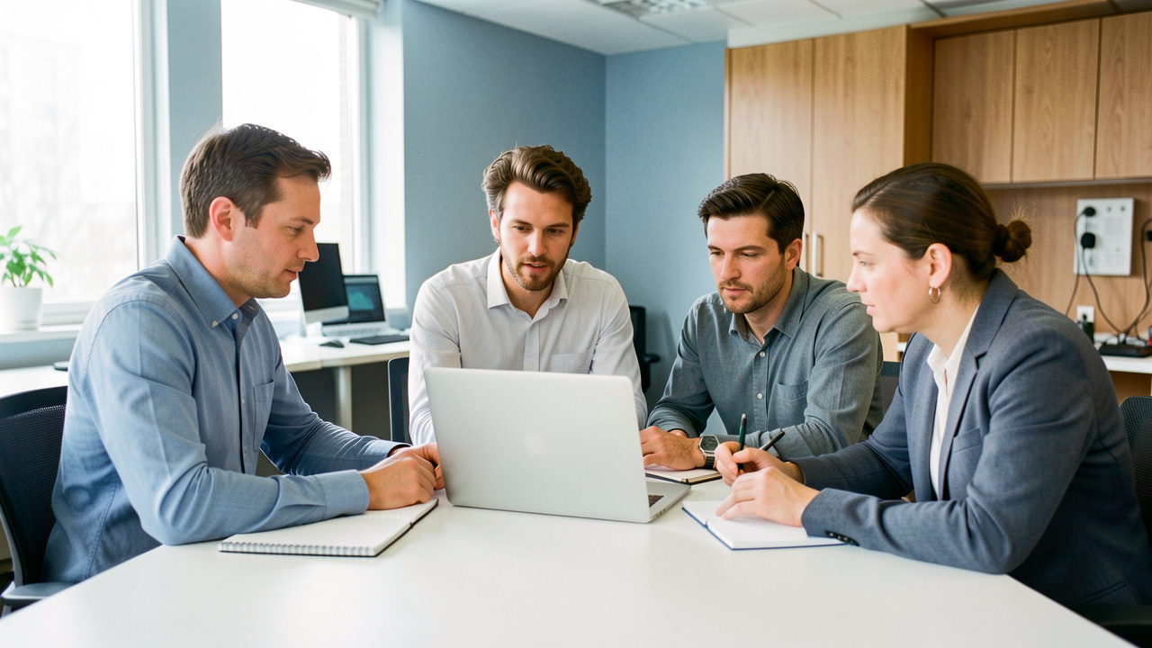 Un formateur et trois salariés collaborent autour d’un ordinateur portable dans un atelier lumineux de formation à l’intelligence artificielle.