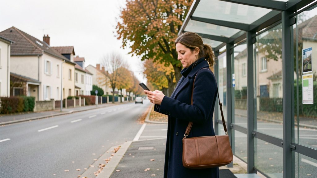 Une femme en tenue professionnelle consulte un itinéraire de transport sur son téléphone devant un abribus moderne en zone périurbaine française.