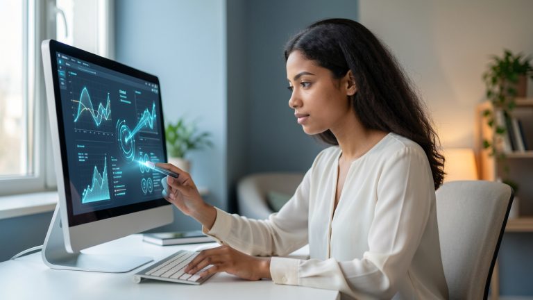 Jeune femme analysant des visualisations de données sur un ordinateur dans un espace de travail moderne avec une interface d’intelligence artificielle discrète.