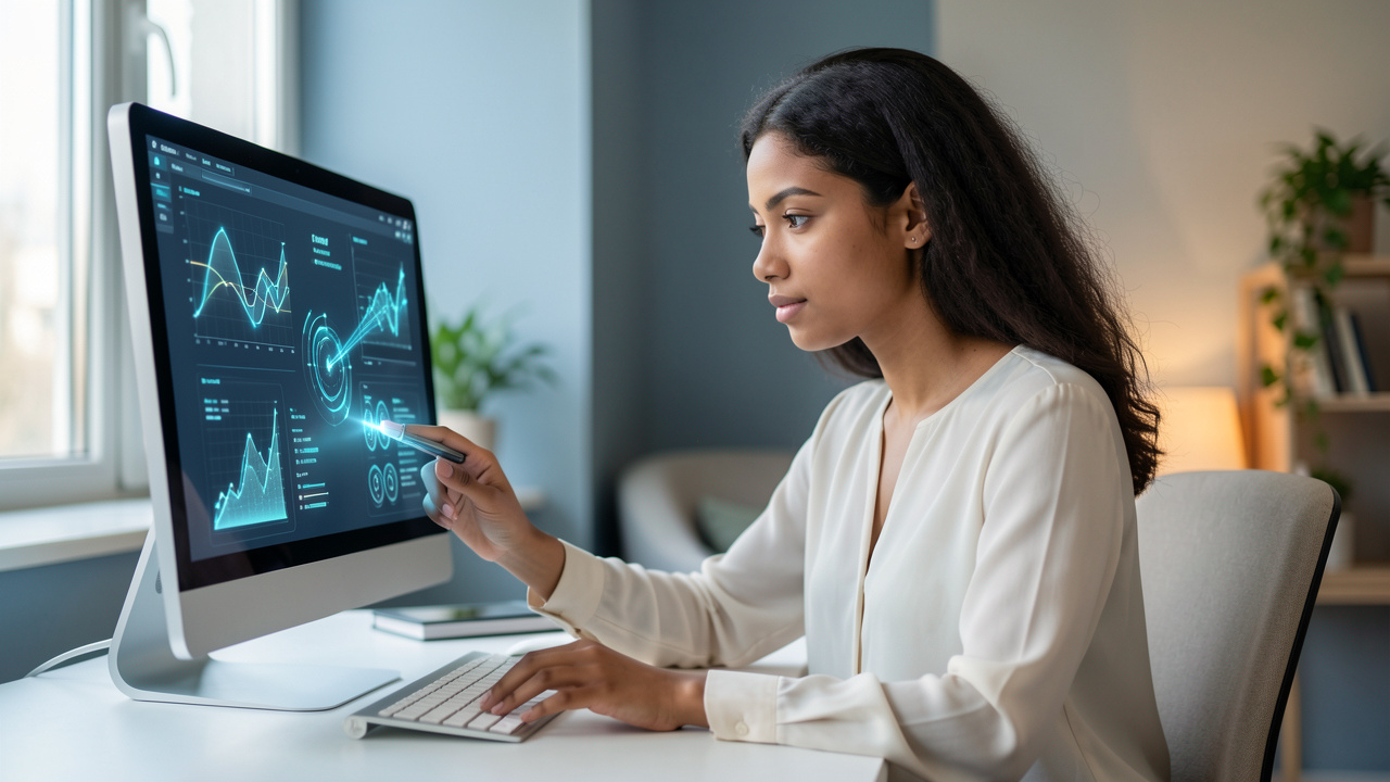Jeune femme analysant des visualisations de données sur un ordinateur dans un espace de travail moderne avec une interface d’intelligence artificielle discrète.