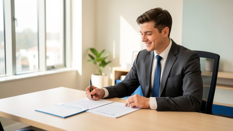 Jeune salarié signant des documents vierges à côté d’un dossier de complémentaire santé sur un bureau moderne, dans un environnement professionnel et lumineux.