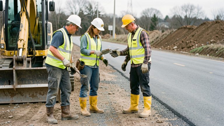 Deux hommes et une femme en équipements de protection inspectent un chantier de travaux publics en plein air.