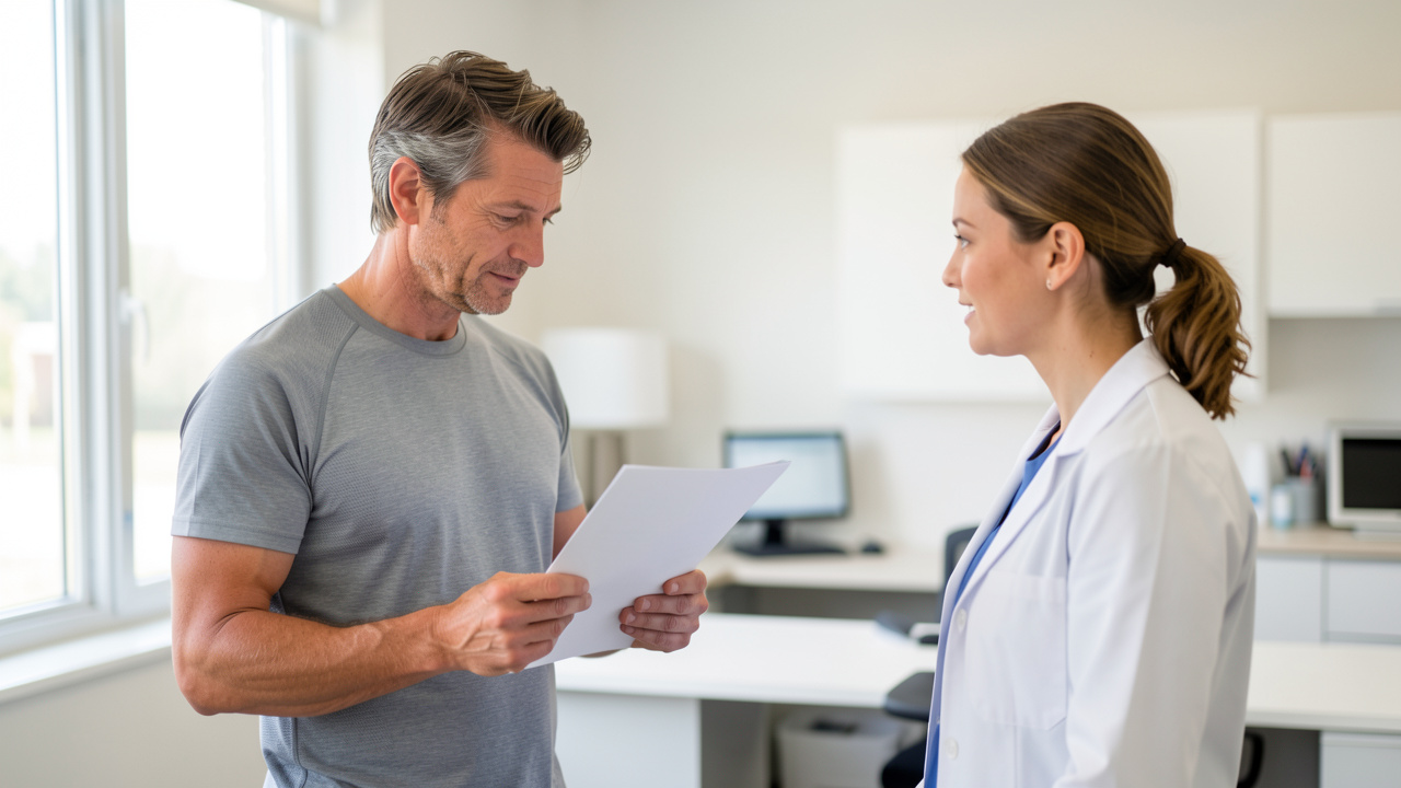 Un homme en tenue de sport légère consulte un document vierge et échange avec une femme médecin dans un cabinet médical lumineux.