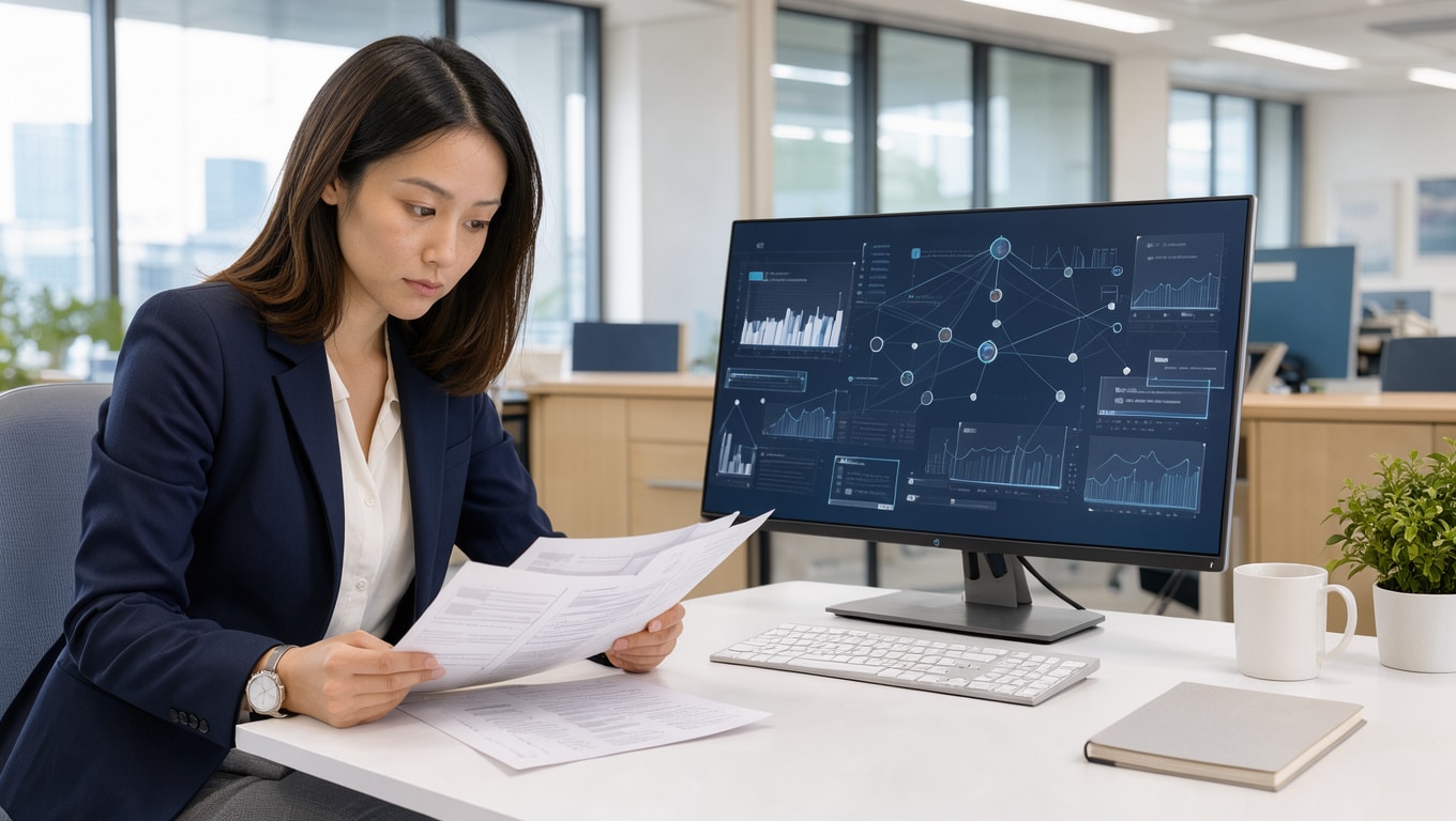 Jeune femme candidate relisant son CV sur un ordinateur dans un bureau lumineux, avec des graphiques abstraits et une interface discrète d’intelligence artificielle à l’écran.