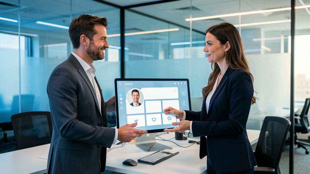 Deux recruteurs, un homme et une femme, échangent de manière sécurisée le profil d’une candidate dans un bureau moderne et confidentiel.