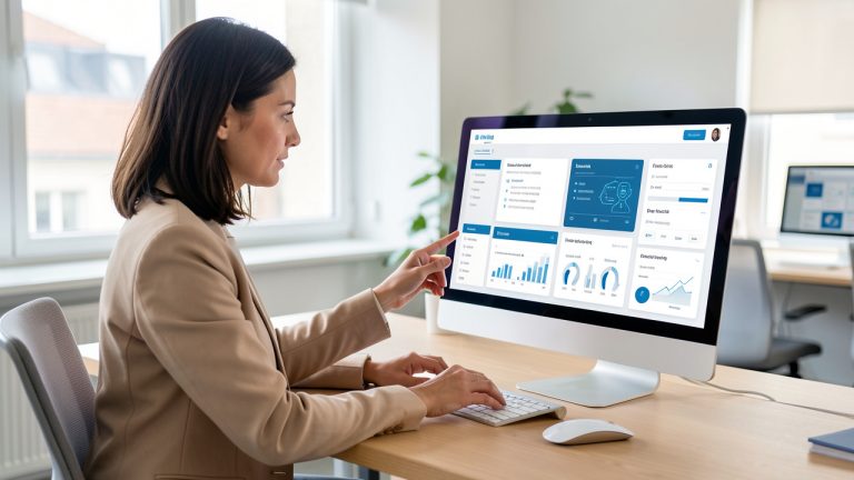 Femme consultant des offres d’emploi et une interface d’analyse par IA sur un ordinateur, dans un bureau lumineux au style corporate français.