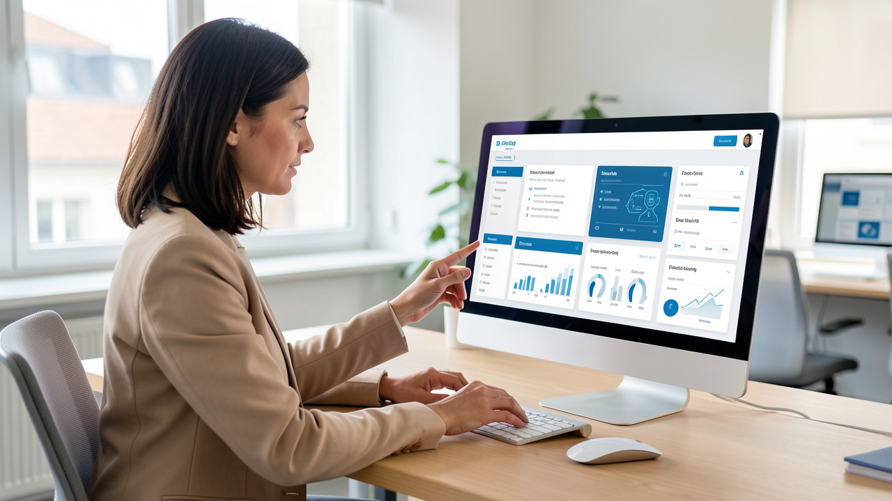Femme consultant des offres d’emploi et une interface d’analyse par IA sur un ordinateur, dans un bureau lumineux au style corporate français.