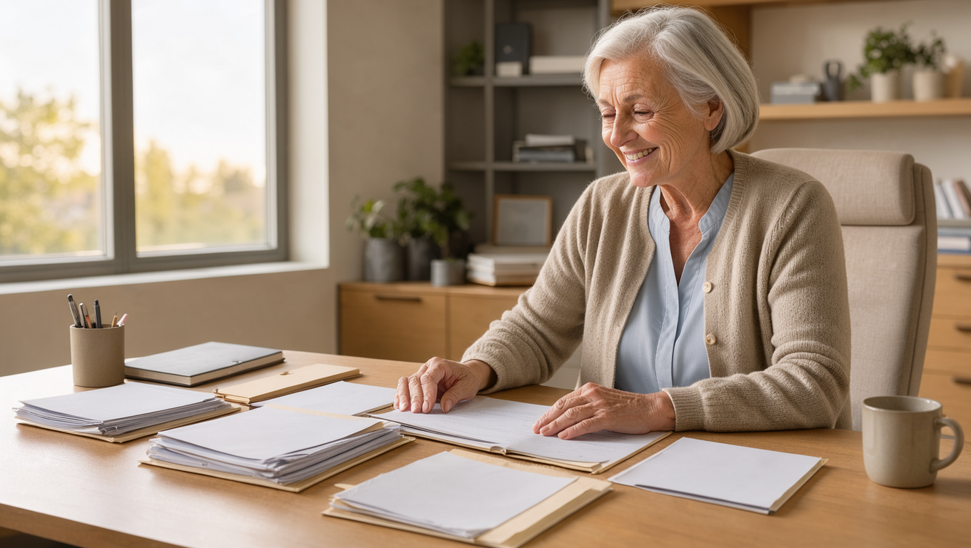 Femme retraitée souriante consultant des documents vierges et des dossiers de pension à son bureau dans un intérieur lumineux.